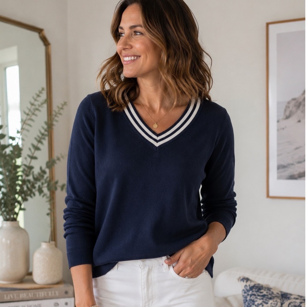 Lauren Ralph Lauren Navy Blue Varsity V-Neck Sweater XL 3/4 Sleeve Cotton Blend